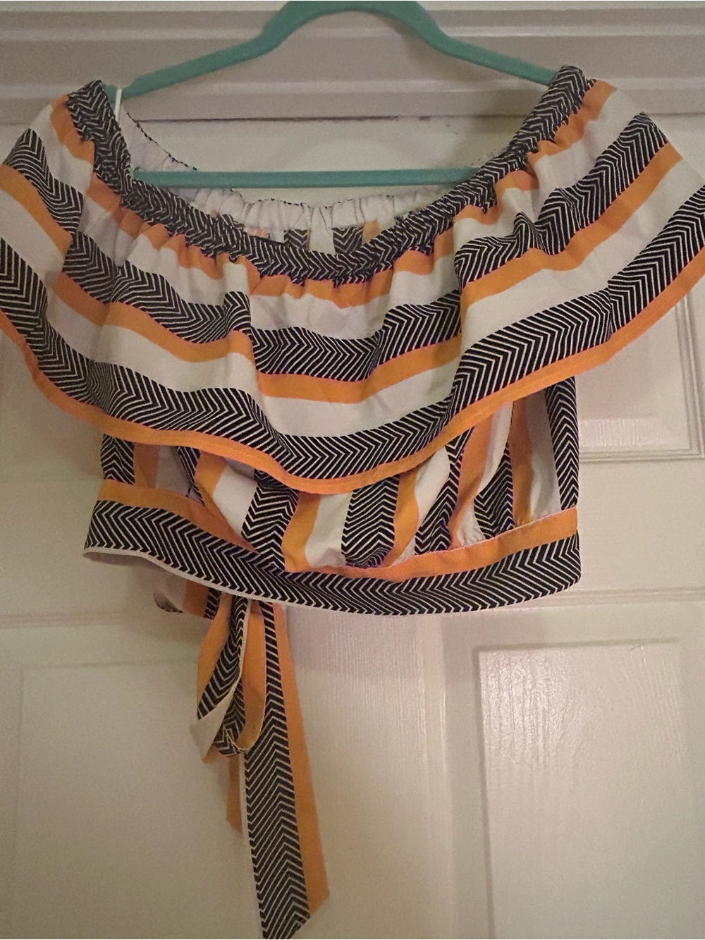Jealous Tomato Yellow, Black & White Striped Off-Shoulder Crop Top